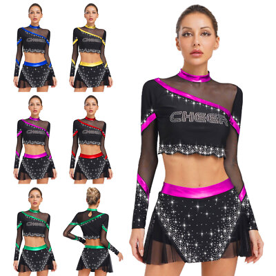 Women Cheer Leader Crop Top Costume Stage Performance Dancing With Skirt  Sets UK