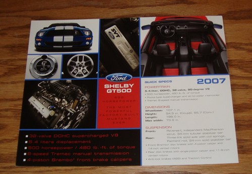 Original 2007 Ford Mustang Shelby GT500 Fact Sales Sheet Brochure 07 - Picture 2 of 2