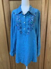 Multiples Women’s Popover Linen Top Tunic Sz. XL X-LARGE Mixed Media Blue Plaid