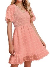 Women's V Neck Smocked Short Sleeve Casual Dress Dot Ruffle Hem Beach Dresses