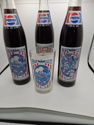 3 Full Pepsi 1776- 1976 Ohio Bicentennial Bottles 3 Unopened 16 Oz Plus Glass