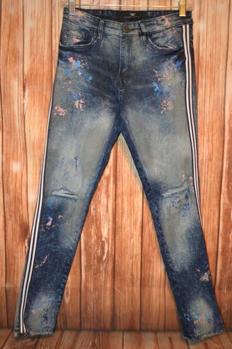 Jordan Craig Boy's Skinny Paint Splatter Distressed Striped Blue Jeans Sz 14 - Picture 4 of 12