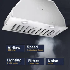 Built-In Range Hood 20 Inch Stainless Steel Kitchen Vent Ducted/Ductless 3-Speed