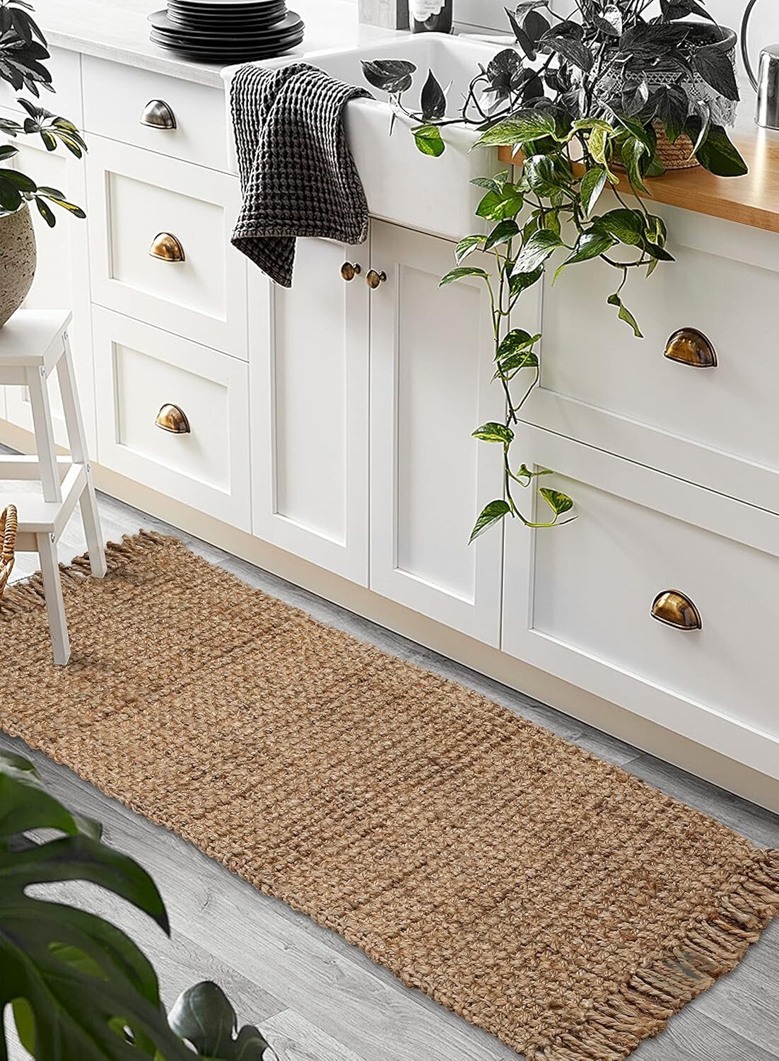 Hand Woven Jute Runner Rug 2.5'x8' Natural Reversible Chunky Farmhouse Boho