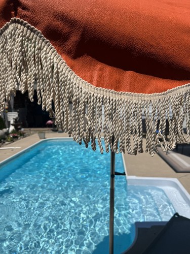 7ft Rare Vintage orange W/flowers Outdoor Patio Umbrella Cotton Fringed - Picture 12 of 16