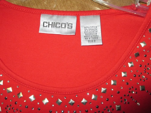Chicos Sz 0 Red Embellished Top Undrarms19.5" Lngt22" Slv17.5" Ret$69 CottnSpndx - Picture 9 of 9