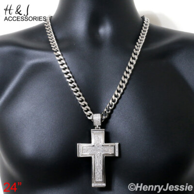 18''-40''Stainless Steel 9mm Silver Cuban Curb Chain BIG ICY CZ Cross Pendant*IP20