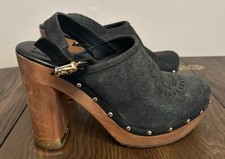 Tory Burch Brayden Suede Studded Slingback Wooden Heel Clogs Green Black 8.5M