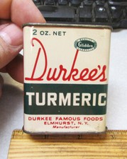 Vintage Durkees Turmeric 2 oz spice tin, great graphics, empty tin, decor item