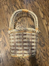 Vintage Round Gathering EasterBasket Woven Wood Handle Folk Primitive 2ft Tall 