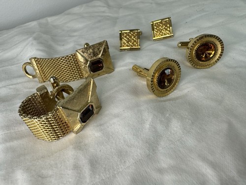 Antique Vintage Art Deco Gold Colour 70s Brown Jewel Cufflink Set - Picture 2 of 10