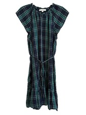 Loft Dress Women’s 12 Blue Green Plaid Shift Belted Short Sleeve Pleated Lined