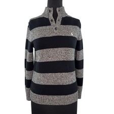 Polo Ralph Lauren Navy Gray Sweater Striped Mock Quarter Youth L Large Womens XS