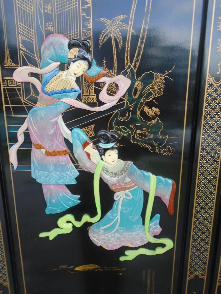 Pantalla asiática divisor de habitación pagoda foo perros geisha japonesa chinoiserie coromandel Foto 4 de 4