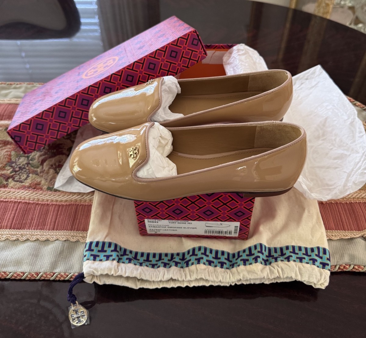 Tory Burch Samantha Smoking Slipper Beige Patent Loafer Slip On