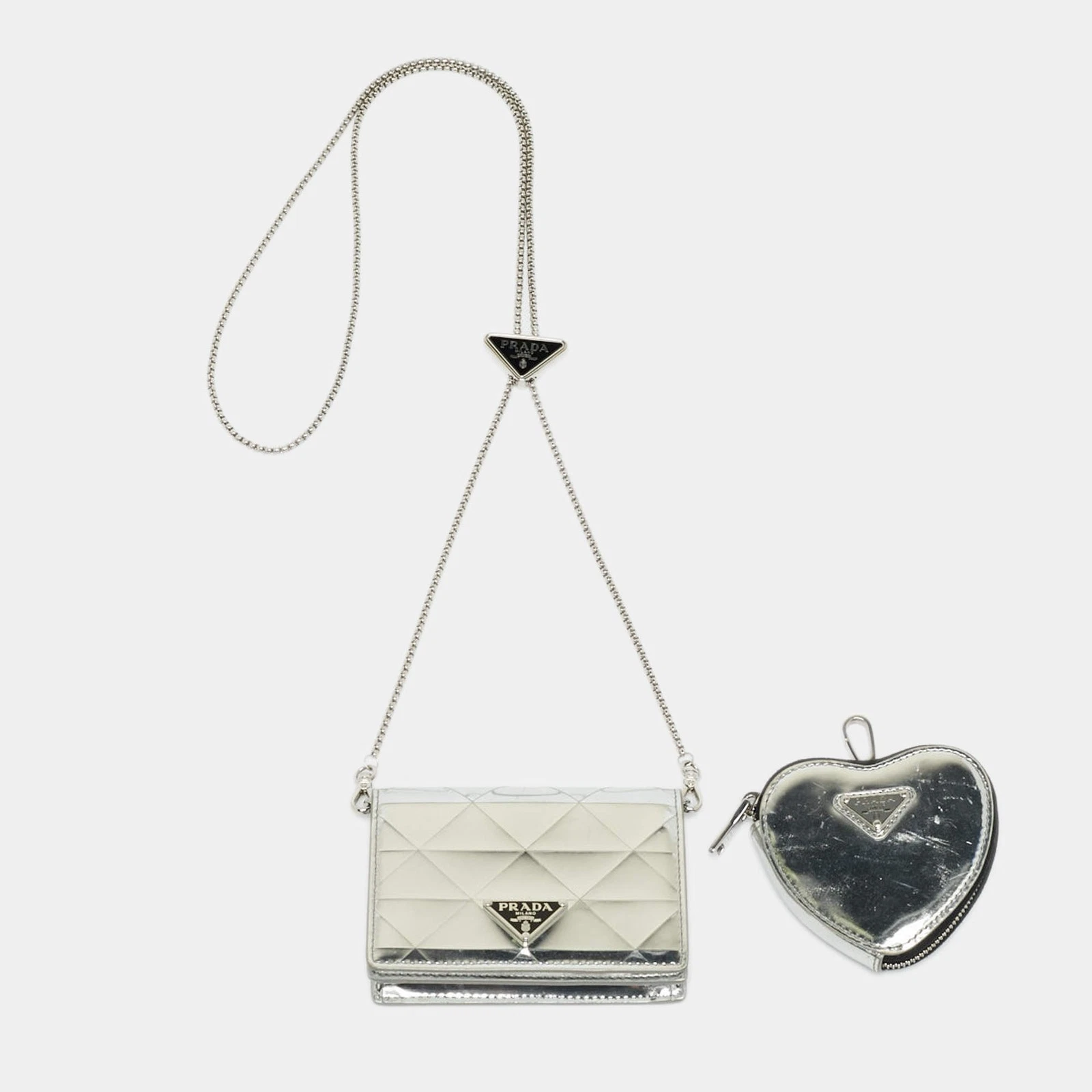 Prada Silver Spazzolato Triangle Leather Chain Clutch