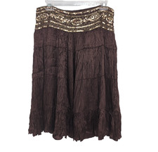 Cache Rich Dark Brown Silk like Boho Hand Sewn Sequins Crinkle Lined Skirt Sz 2