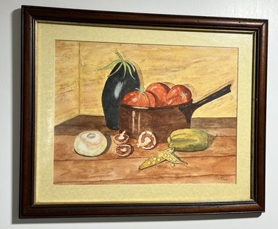 Aquarell Stillleben Gemälde ''Gemüse mit Kupfertopf'' von O.R. Naylor