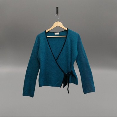 Kaliko Wickel-Cardigan Angora-Mischung türkis blau UK 12 weich vorne zum Binden Strick 2980
