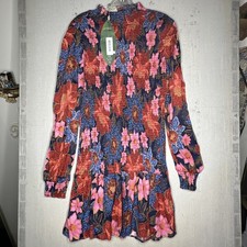 NWT Farm Rio Smocked Garden Navy Floral Long Sleeve Mini Dress | Tag Sz: M
