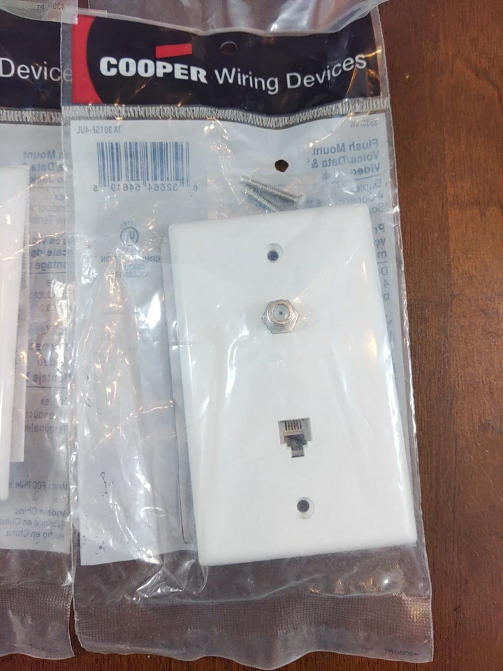Qty. 6 COOPER 3535 White TV Coax Phone Duplex Voice/Data & Video Jack Wallplate - Image 2 of 4