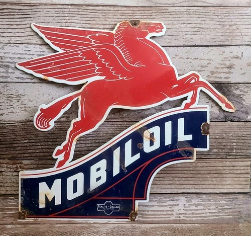 Large Vintage MobilOil Pegasus Porcelain Metal Oil Gas Sign Texlite Dallas