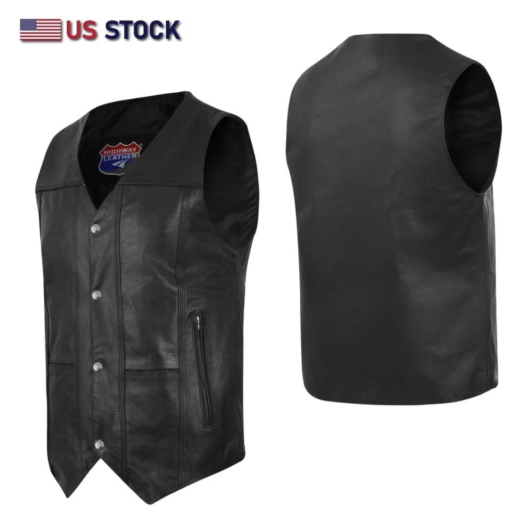 Men's Black Classic V-Neck Leather Motorcycle Vest | Biker Rider Apparel & Gear