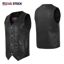 Men's Black Classic V-Neck Leather Motorcycle Vest  Biker Rider Apparel  Gear
