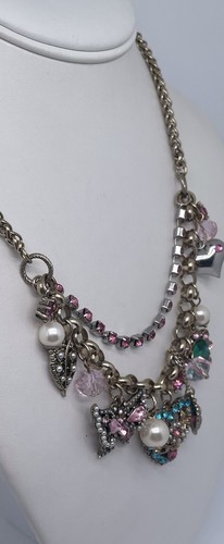 Collana Cristallo Rosa e Blu Betsy Johnson Tono Oro Cuore Appeso - Foto 4 di 7