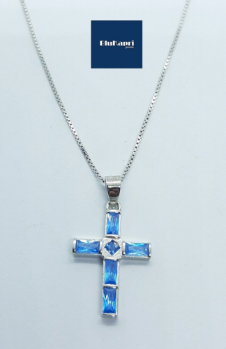 Ciondolo pendente Croce in argento 925 con zirconi acquamarina  catenina omaggio - Foto 1 di 8