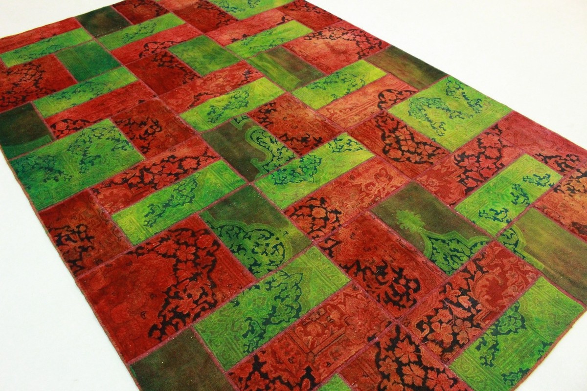 Grand Tapis Patchwork Vintage Overdyed 310x220 Cm - Rouge Et Vert, Laine, Look Used