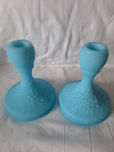 Fenton Glass Blue Satin Orange Tree Candle Sticks Set of 2 Candle Holders Vtg - Picture 3 of 9