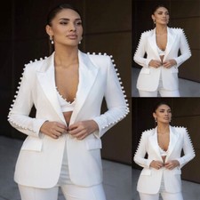 Fashion 2Pcs Women Suit White Beaded Dinner Wedding Party Prom Ladies Wear Set