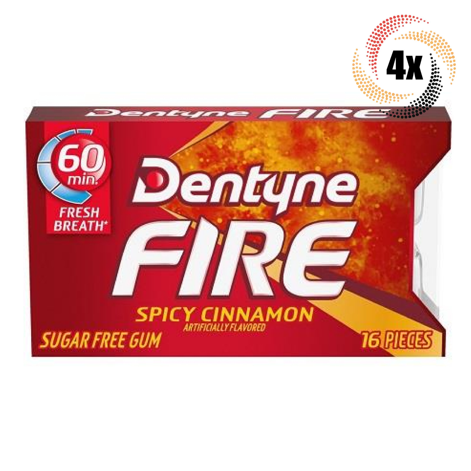 4 упаковки жевательной резинки с корицей Dentyne Fire | 16 Штук в упаковке | Без сахара
