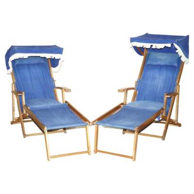 PAIR OF ANTIQUE CIRCA 1900 HAXYES STEAMER DECK CHAIRS CANOPY TOP & FOOTRESTS