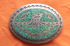 Vtg Sterling Silver Native American Thunderbird Turquoise Western Belt Buckle