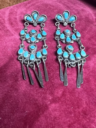 OLD ZUNI EARRINGS TURQUOISE PETITPOINT~LONG DROP~3" ~ COLLECTIBLE