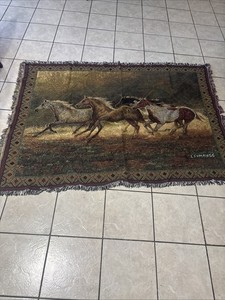 Vintage 90s C. Cummings Horses Fringe Throw Tapestry Blanket 71 X 50 Inches