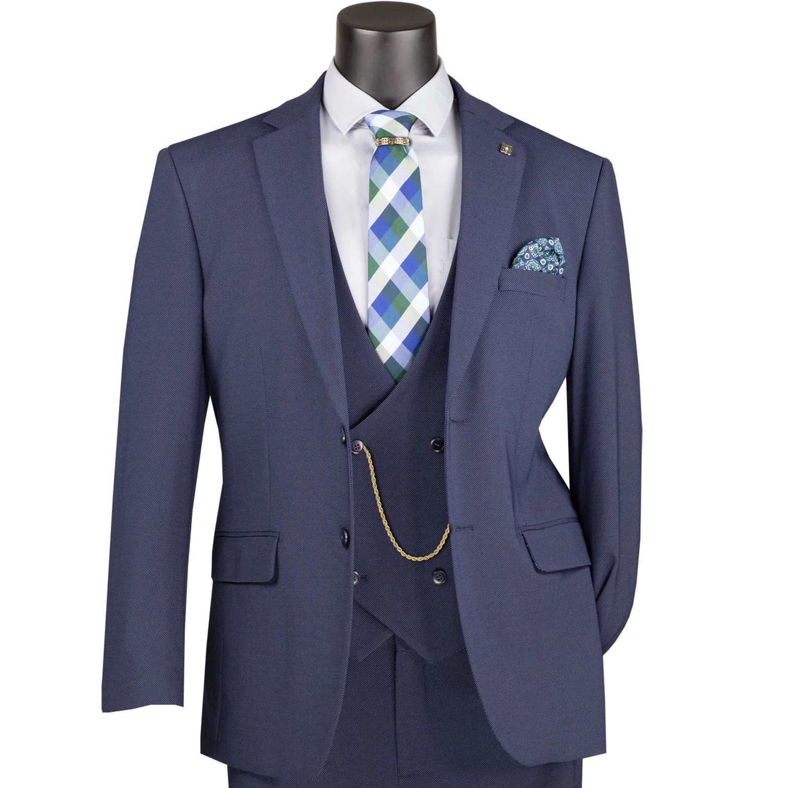 VINCI Men's Navy 3pc Super Stretch Modern Suit w/ Flex Waist - Washable - NEW