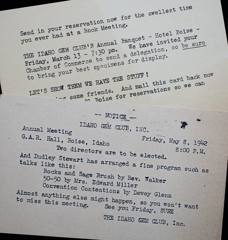 Boise IDAHO GEM CLUB postcard meeting announcements 1942