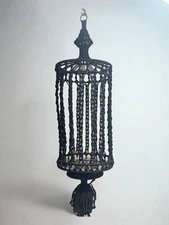 Vintage 1980’s Black Macrame Handmade Ornate Hanging Plant Holder Birdcage 44”