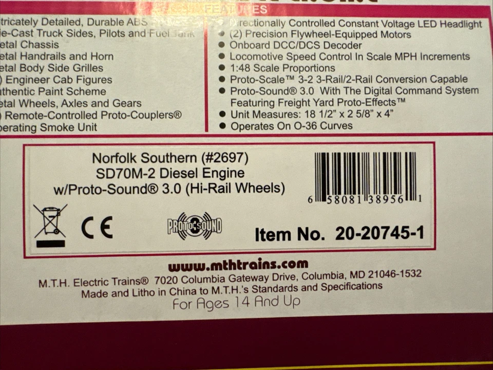 MTH Trains Norfolk Southern #2697 SD70M Diesel PS 3.0 No. 20-20745-1 NEW (other) - Image 2 of 4