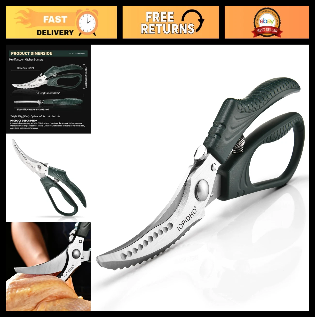 Heavy Duty Kitchen Shears with Non-Slip Handle & Safety Lock - All Purpose Sciss