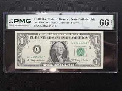 1963A $1 Star Note PMG 66 EPQ Gem UNC - C/* - Philadelphia - Image 1 of 2