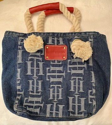 Vintage Tommy Hilfiger Hobo Boho Denim Handbag with Rope Handles