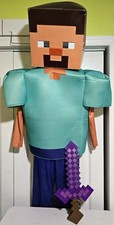 Minecraft Steve Costume Kids 7-8 Padded Top Mask Pixelated Purple Sword Disguise