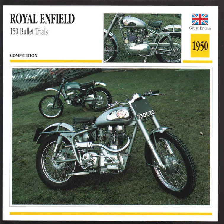 1950 Royal Enfield 150 Bullet Trials 346cc Motorcycle Photo Spec Sheet Info  Card