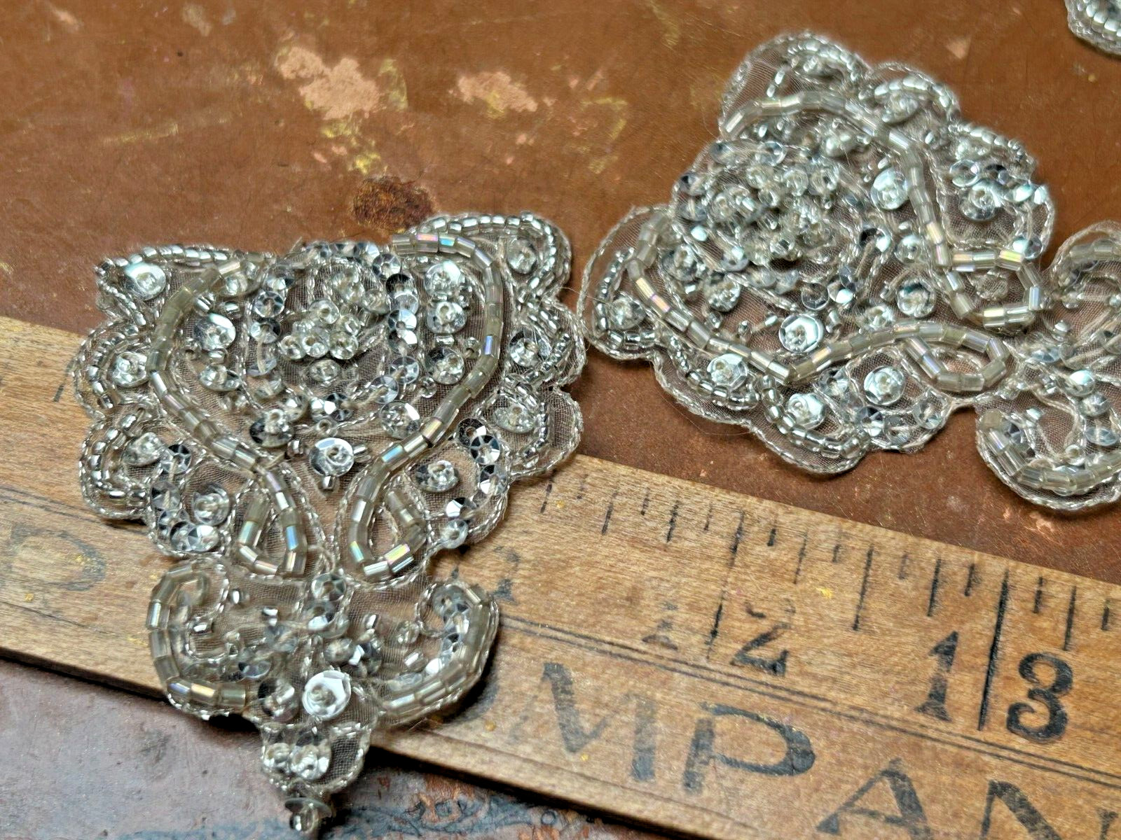 appliques beads sequins 2x3" hand sewn 1pc champagne silver