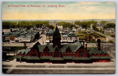 Mendota IL~Birds-eye View Of Town~Looking West~Train Depot In Foreground~1915 PC