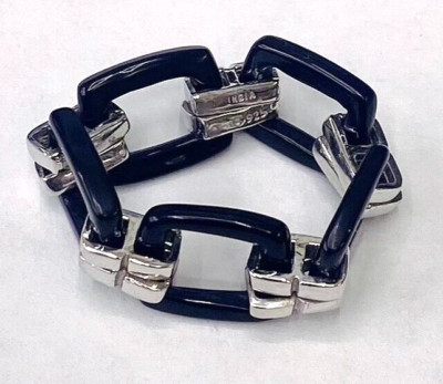HSN Colleen Lopez Gems Sterling Silver Black Onyx Link Flexible Ring Size 8